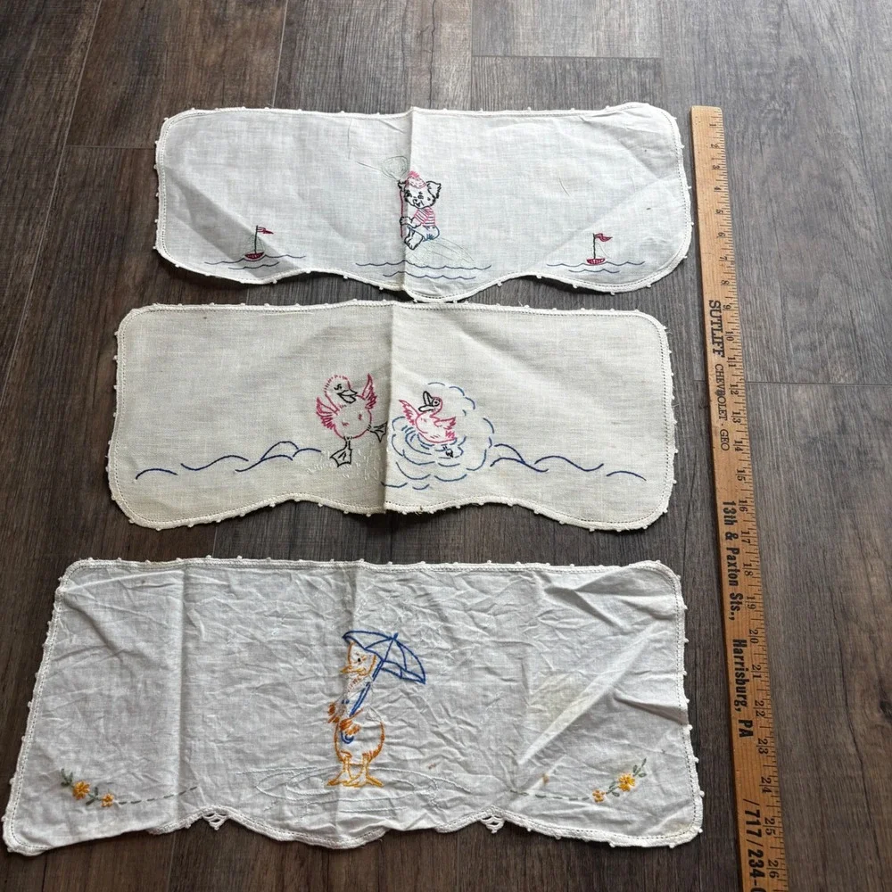 Vintage Hand Embroidered Nursery Set 3 Bear Duck Nautical Scalloped Lace Dresser